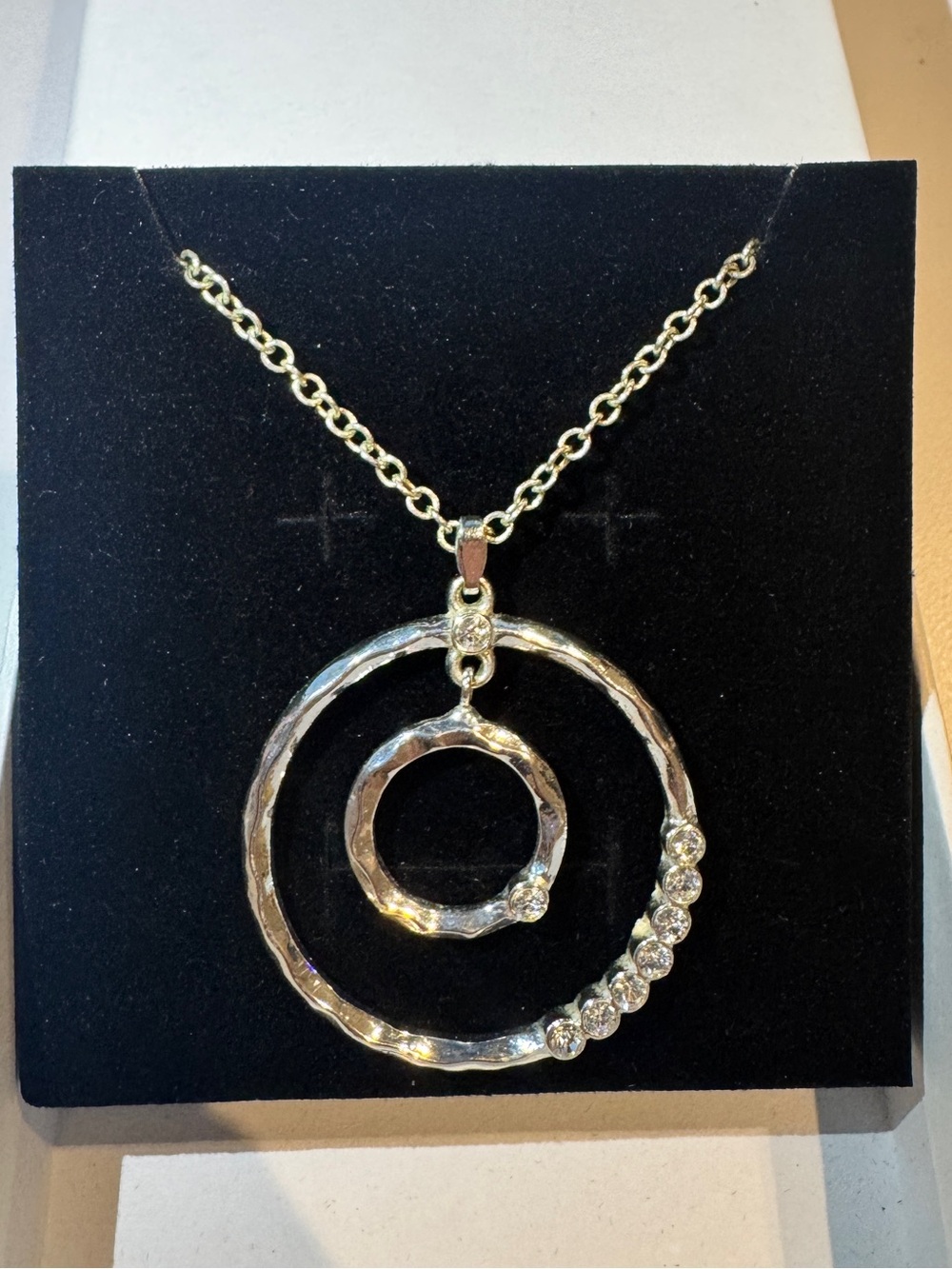 Vintage Avon NRT signed Double Circle Pendant Necklace with Crystal Accents
